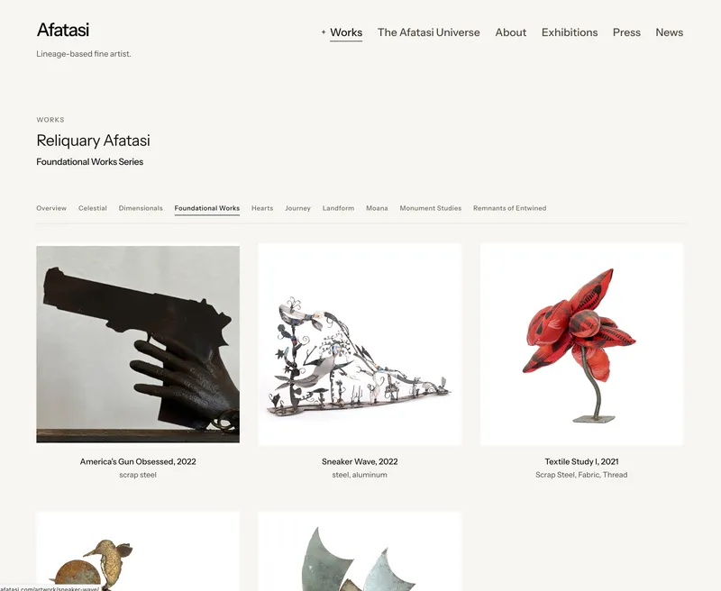 A Works page from an artist site built on Artwork Registry, showing navigation, an introduction, and a grid of sculpture pieces with title and materials.