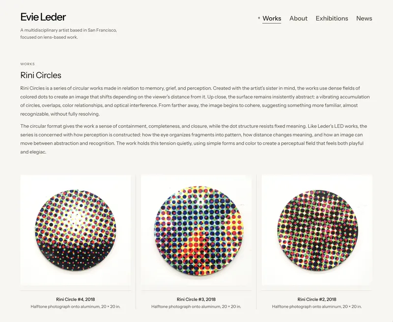 A Works page on a different artist site built on Artwork Registry, showing an introduction and a grid of photographic works with title and materials.